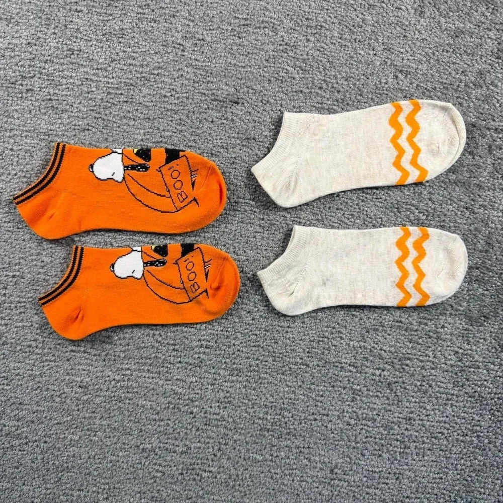 Peanuts Snoopy Halloween Ankle Socks 2 Pack Orange Zigzag Pumpkin Womens